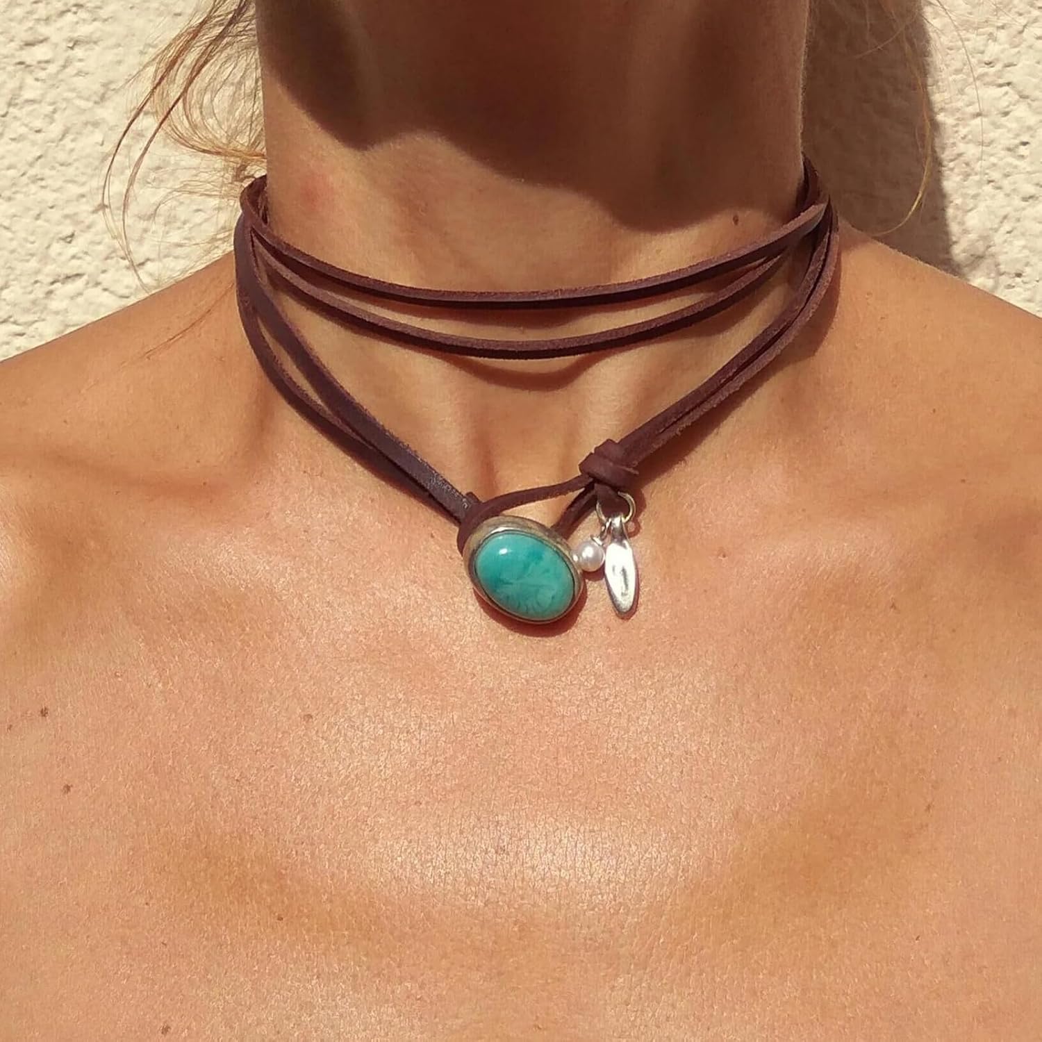 Boho Choker Necklace for Women Brown Suede Choker Necklace Western Cowgirl Choker Necklace Turquoise Coin Leather Choker Western Boho Necklaces - Image 3