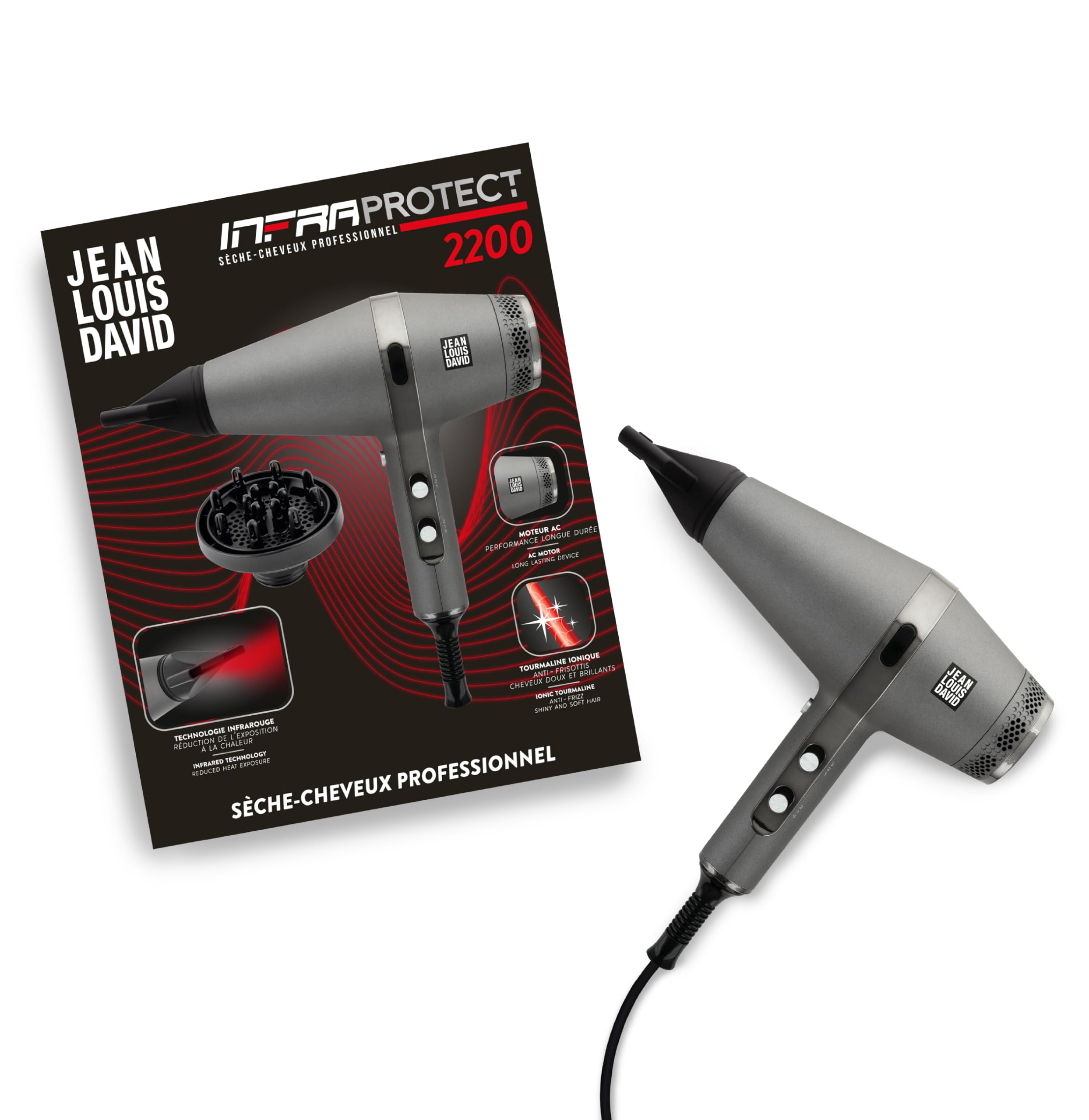 JEAN LOUIS DAVID - INFRAPROTECT 2200W - Infrarot-Technologie - Schnelltrocknend - Professionelles Gerät - 3 Temperaturen, 2 Geschwindigkeiten - 1 Konzentrator und 1 Diffusor