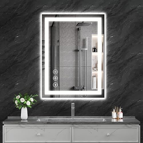 Miniatura 16 de Koonmi Espejo LED de 28 x 20 pulgadas para baño, espejo de tocador antivaho 90CRI con luz delantera y trasera, espejo de pared a prueba de roturas