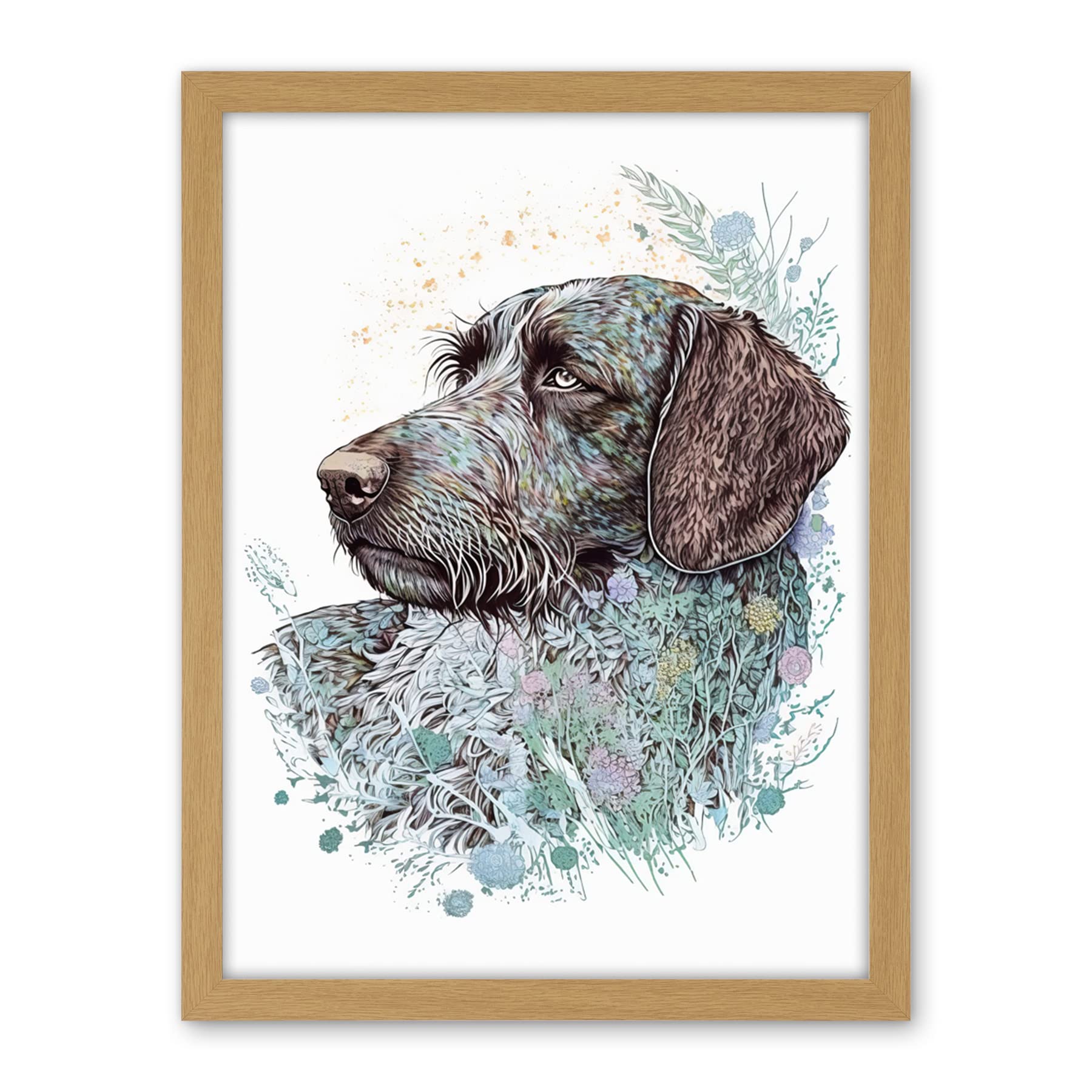 Artery8 German Wirehead Pointer Dog Nature Spirit Animal Modern Multicoloured Illustration Artwork Framed Wall Art Print 18X24 Inch