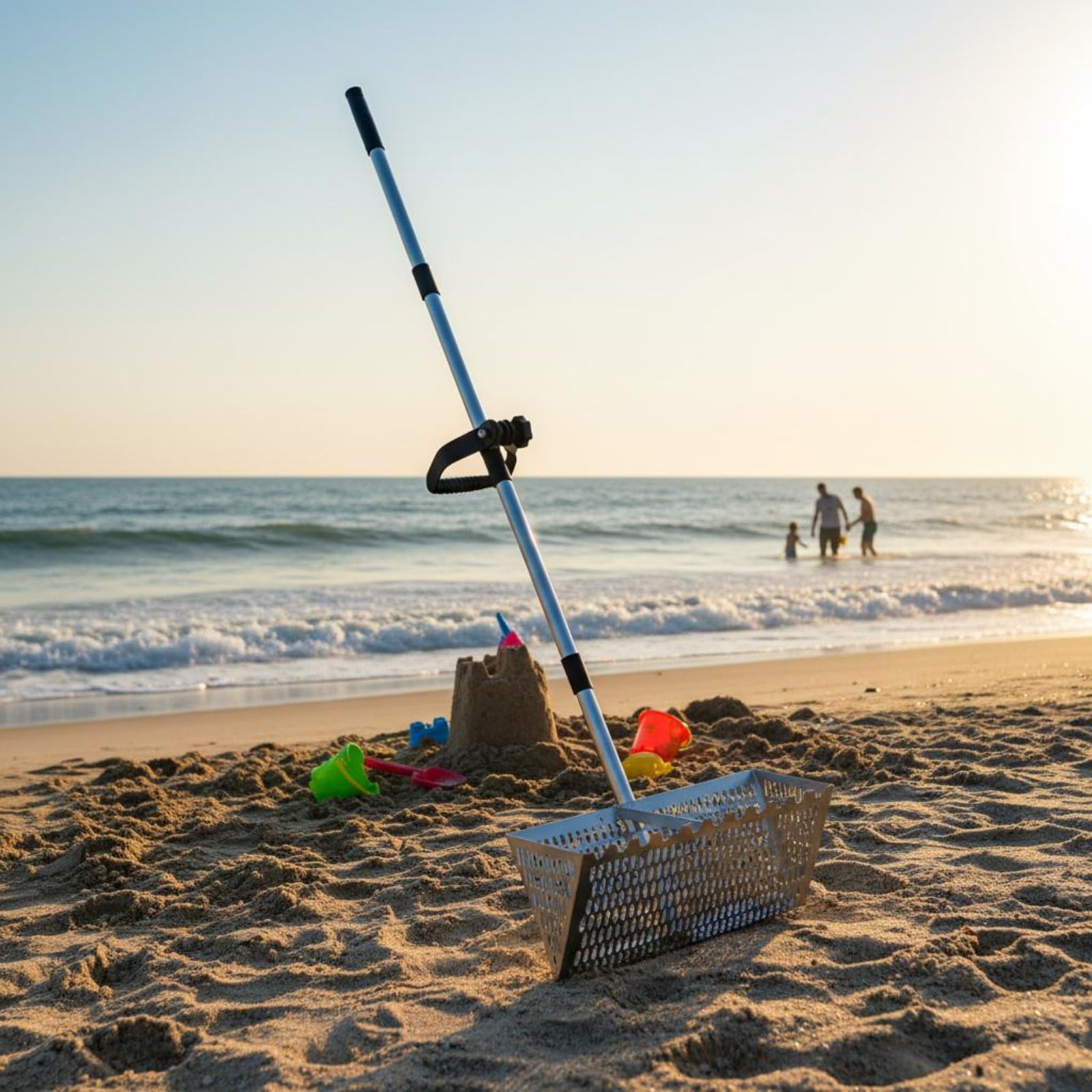 Colcolo Pala de Playa de Acero Adaptada para Detectoristas Canasta Tamizadora Robusta Mango Telescópico Borde Adecuada para Hallar y Uso en Costeras, Silv 304 AcInox
