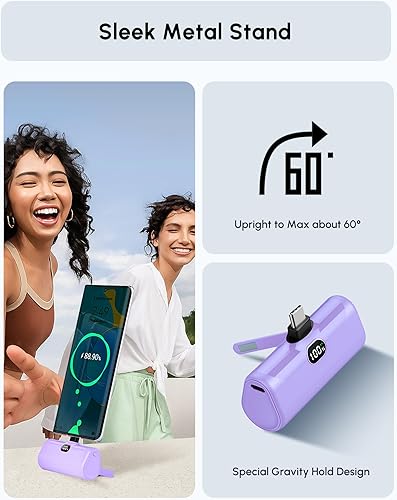 Miniatura 4 de Handy Purple USB C Power Bank Cargador de teléfono portátil con soporte, 5000 mAh Mini batería cargador de reserva con pantalla digital para iPhone