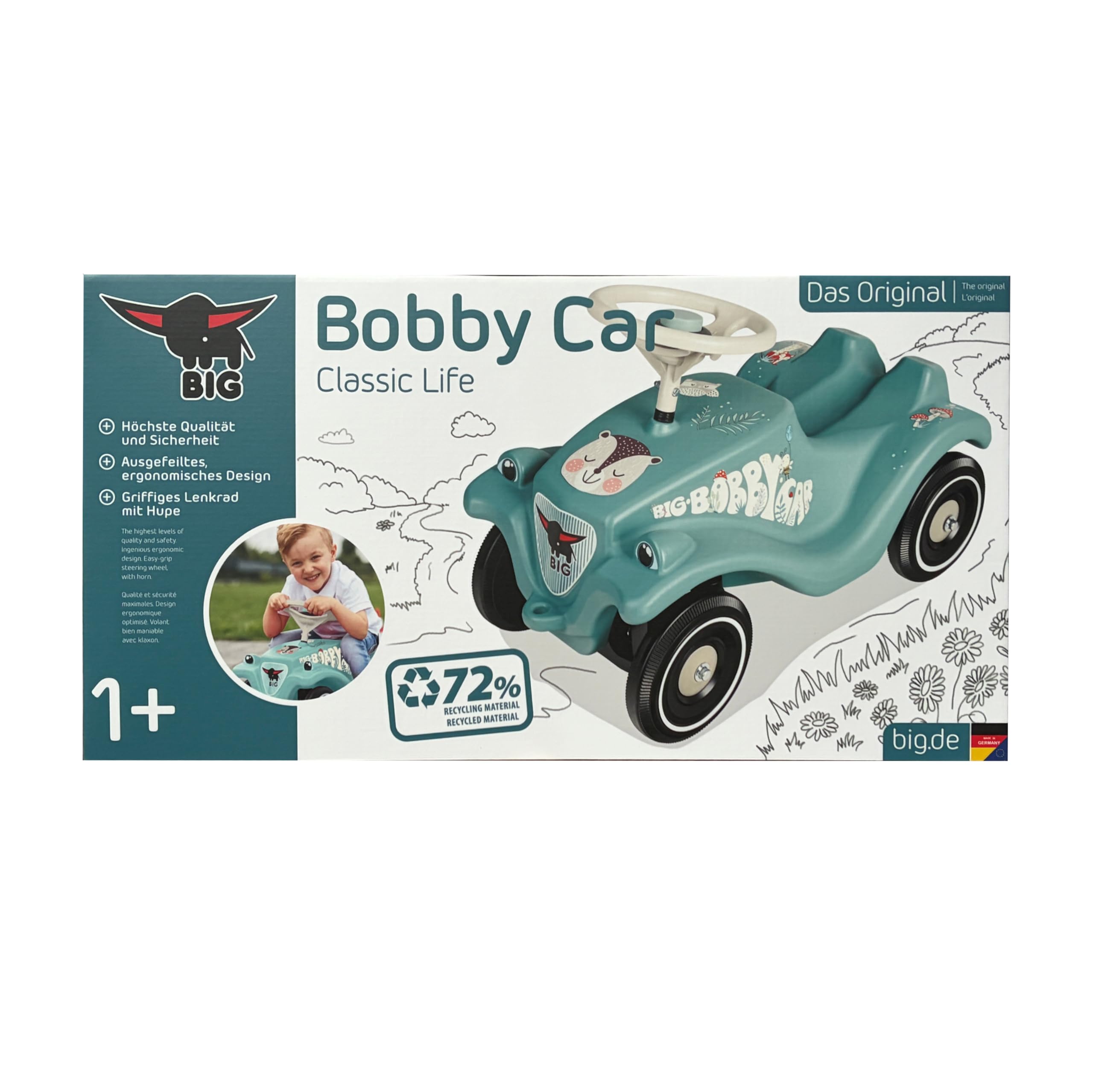 Big Bobby Car Classic Life - Rutschauto ab 1 Jahr, gefertigt aus recyceltem Kunststoff, ergonomische Karosserie, Sicherheitslenkrad mit Hupe, stabile Räder, Petrol-Beige, ab 12 Monate