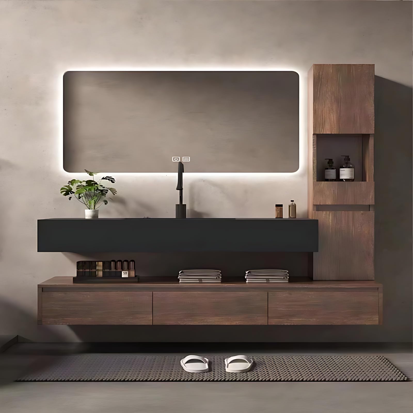 TIZAZO Solid Wood Bathroom Vanity Set - Smart Defogger & LED Lights Mirror | Big Side Cabinet & 3 Large Drawers, Wall Mounted Solid Wood Bathroom