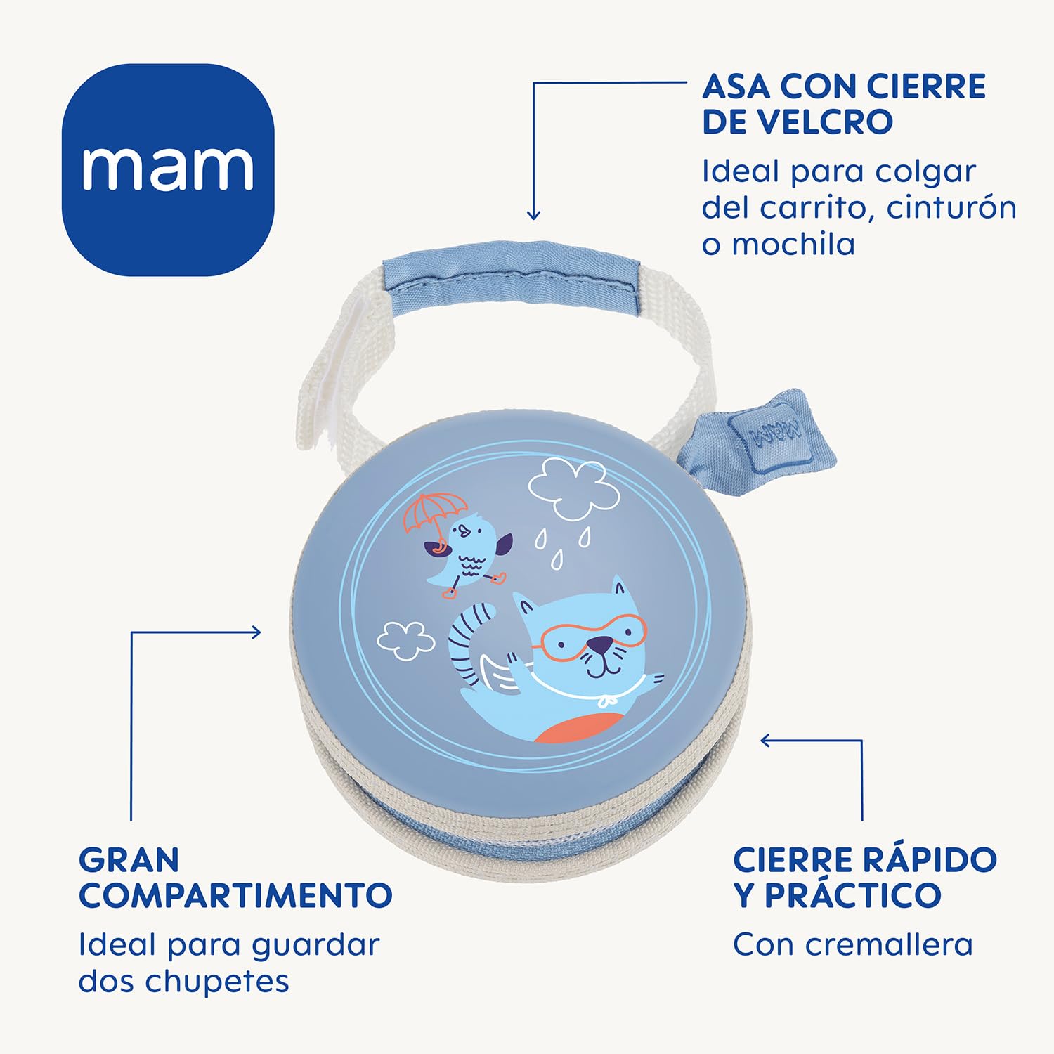 MAM Portachupetes, para Llevar 2 Chupetes, Asa con Velcro Ideal para Colgar del Carrito, Cinturón o Mochila, Cierre con Cremallera, Azul, Pack de 1ud