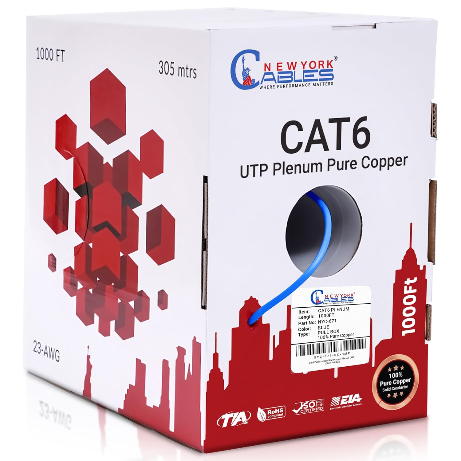 CAT6 Plenum (CMP) 1000ft Bulk Ethernet Cable | 100% Pure Solid Bare Copper | 550MHz, 23AWG, 4Pair UTP 10GB Internet Cable for Networking & Gaming (Blue)