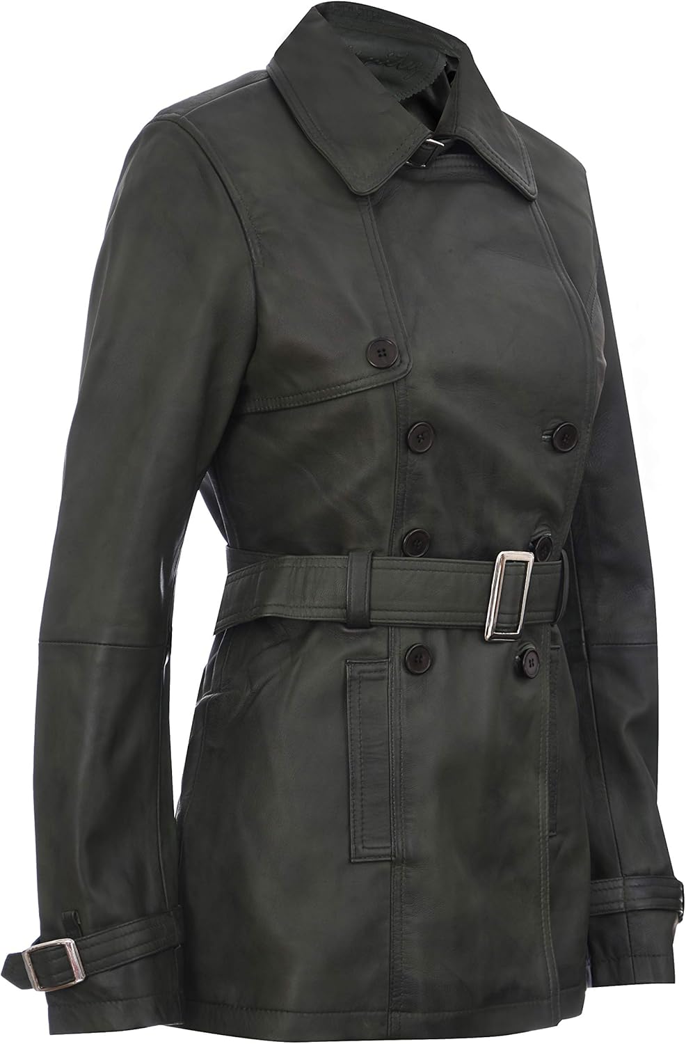 Women's 3/4 Green Ladies Lamb Leather Nappa Trench Coat