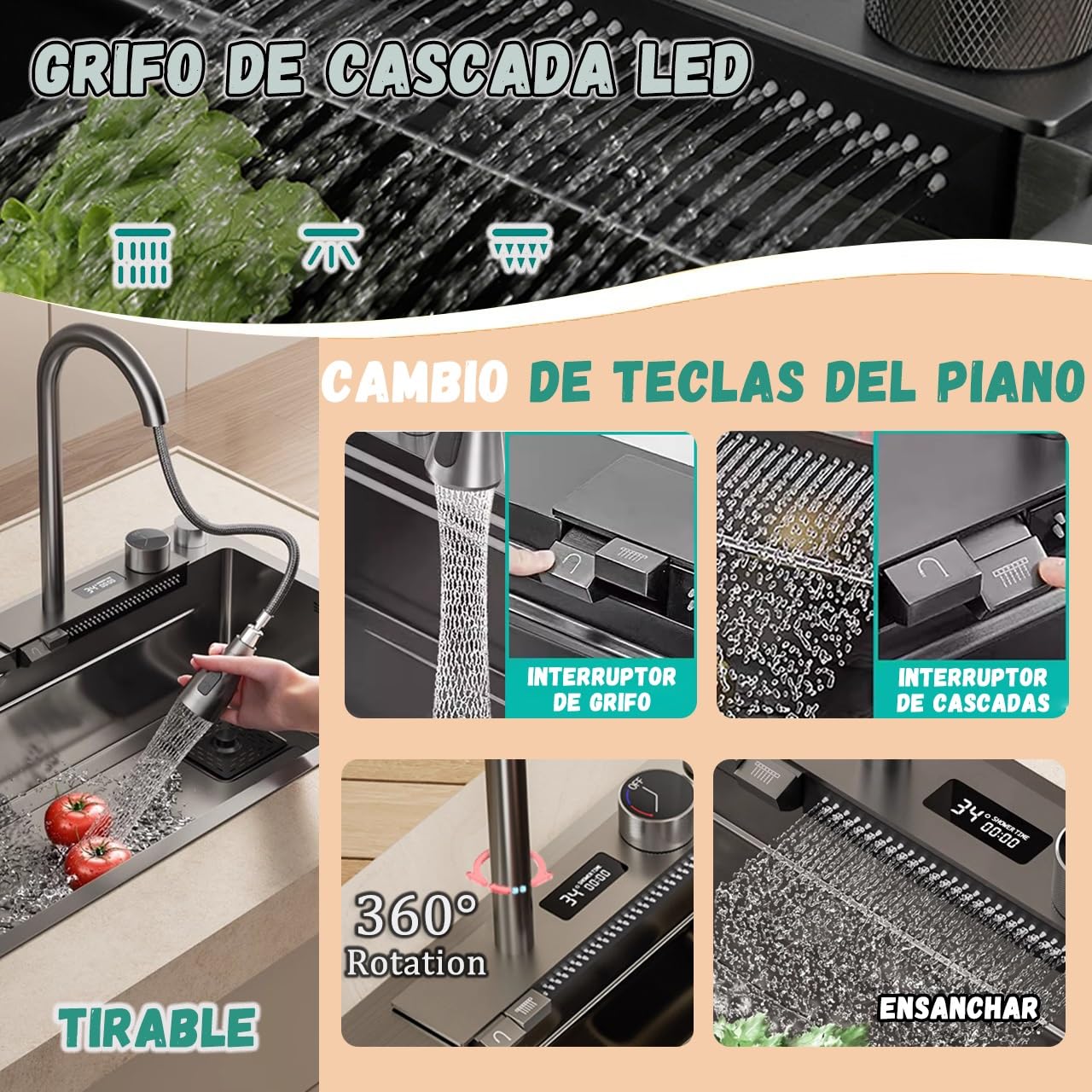 85x45cm Fregadero De Cocina De Con Cascada Negro, Lugar De Trabajo Grifo De Cascada LED, Tabla De Cortar Deslizante Y Fregadero De Tazas De Alta Presión, Compacto Y Multifuncional
