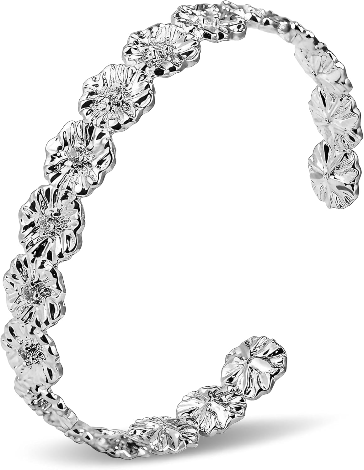 Modern Silver Bangle Bracelet with Irregular Textured Design and CZ Stones, Polished Sterling Silver Plated Bangles for Women — Adjustable Bangle Bracelet
