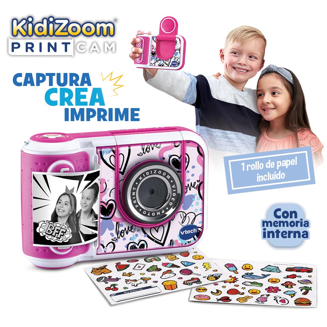VTech - Kidizoom Print CAM Rosa, Cámara de Fotos instantáneas y vídeos para niños +5 años, Impresión Instantánea, Plantillas, Efectos, Marcos, Versión ESP