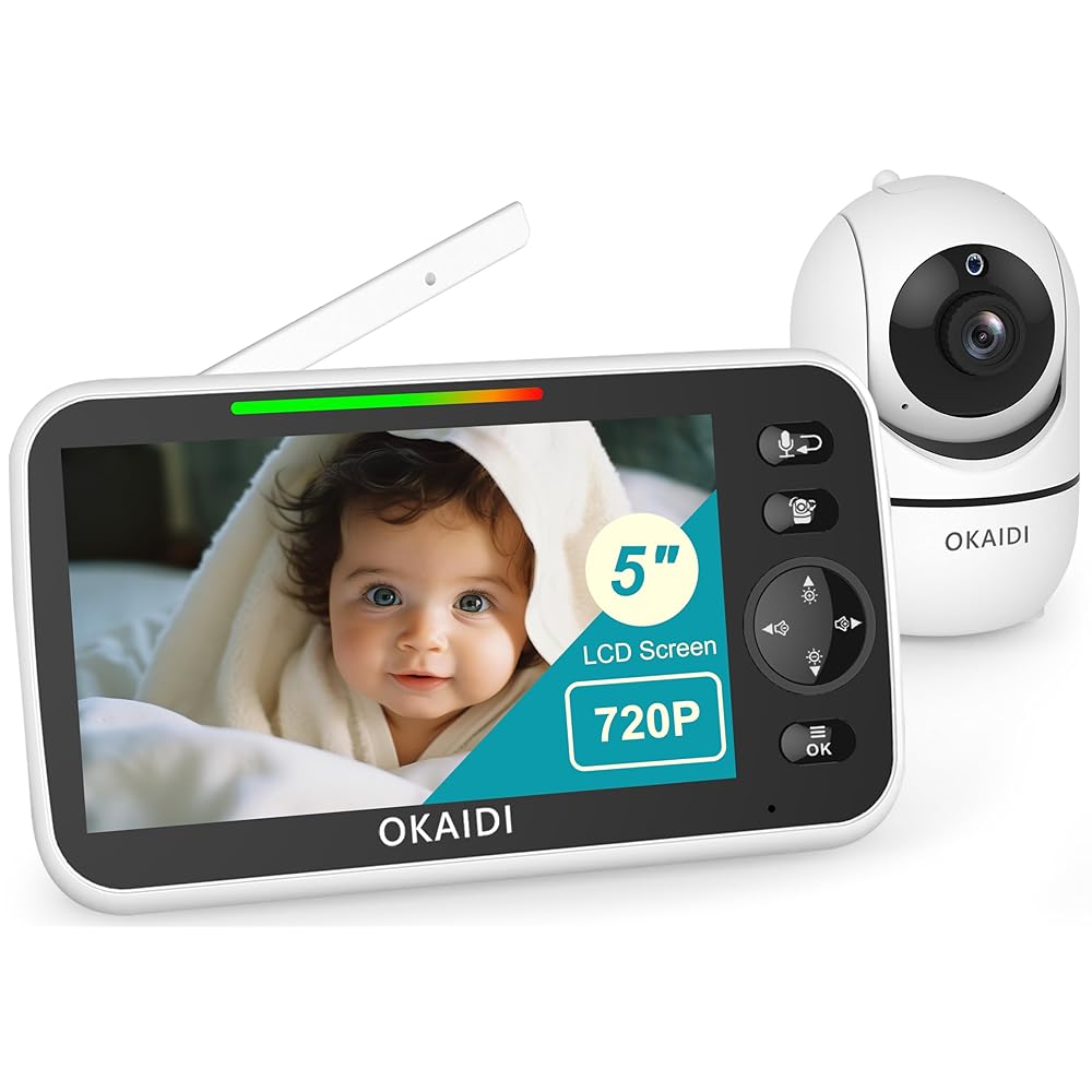 OKAIDI 720P HD Baby Monitor, 5 Inch Baby Monitor with Camera and Audio, 5000mAh Battery, Remote Pan-Tilt, 3X Zoom, 1000ft Baby Monitor NO WiFi, Night Vision, 2-Way Talk, Temperature, Lullabies