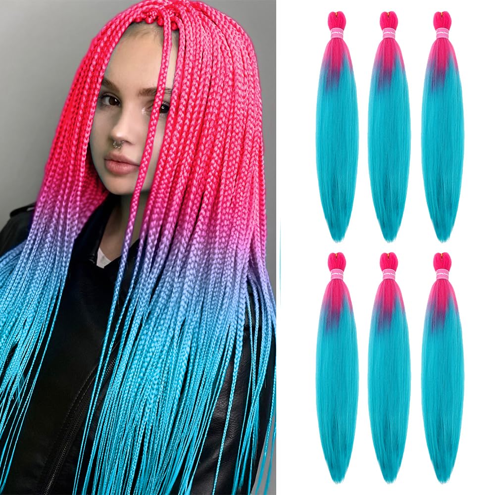 Pre Stretched Braiding Hair Extensions 26 Inch 6 Packs Long Braid Hair Yaki Texture Professional Prestretched Peach Pink to Lake Blue Braiding Hair