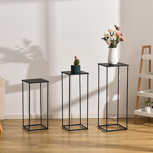 Miniatura 2 de Soporte alto negro para plantas de interior, soportes de metal para plantas de sala de estar, decoración del hogar, juego de 3 cuadrados, 23.4 y