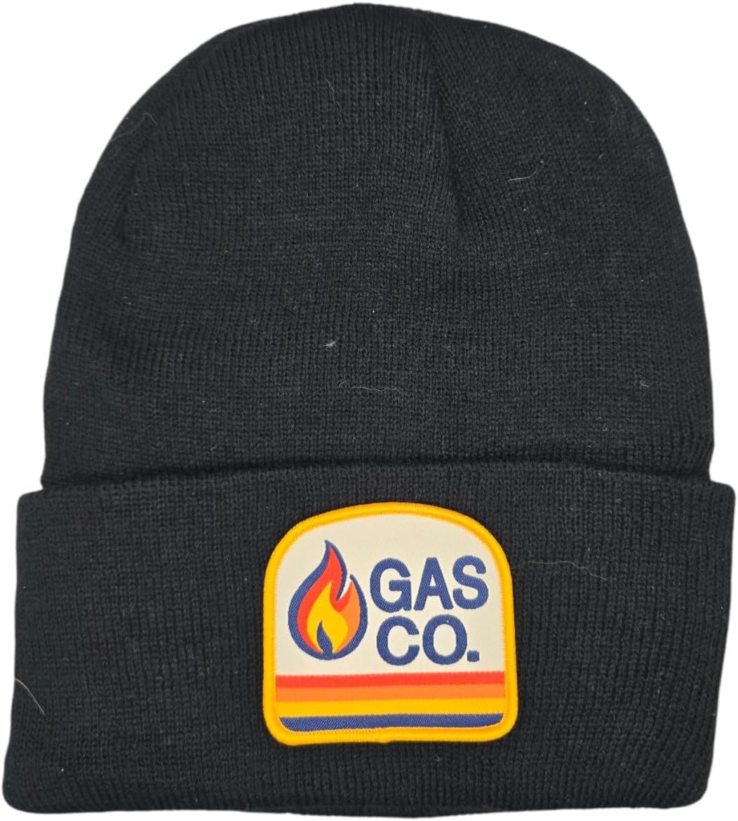 Retro Gas Co Beanie - Black Vintage Oil Patch Knit Cap - Warm Winter Mechanic Garage Gift | Unisex Car Guy Hat