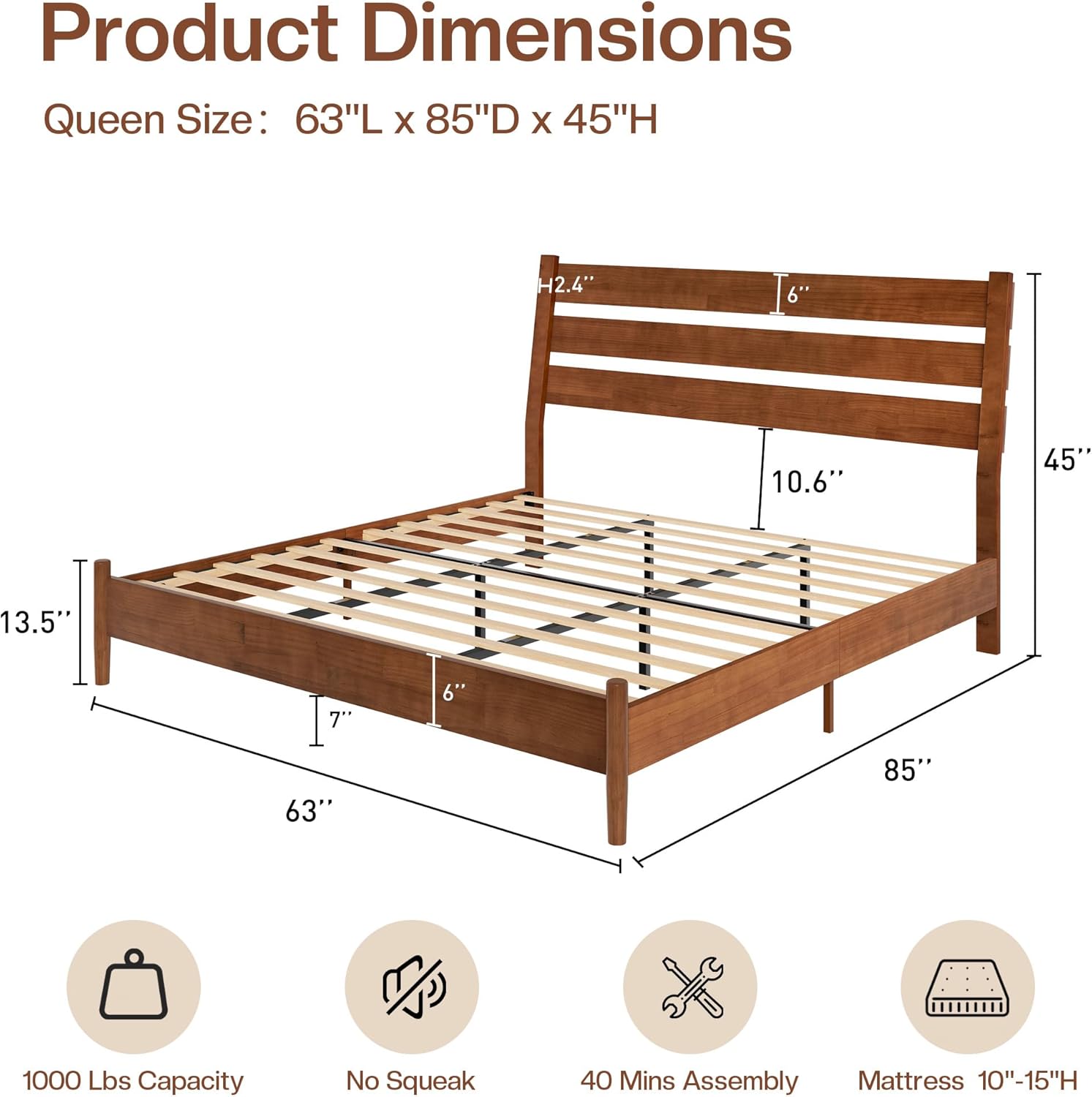 Jocisland Queen Size Solid Wood Platform Bed Frame, Reclining Slatted Headboard, Mid-Century Modern Style, Noise-Free, Easy Assembly, 1000lbs Support, No Box Spring Needed, Light Brown