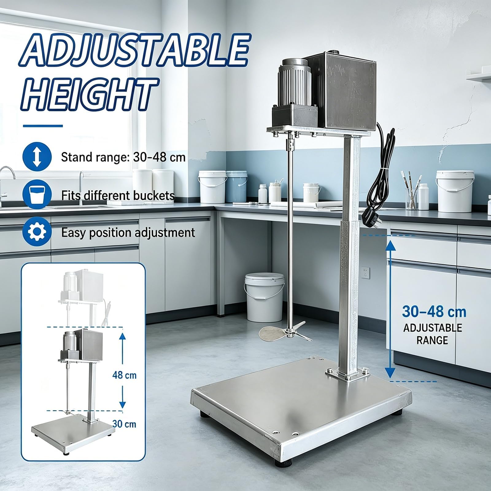 Miscelatore Elettrico Verticale per Vernici A 400 Giri/min, Macchina per Mescolare Vernici, Altezza Regolabile da 30 A 48 Cm, Lunghezza Albero di Miscelazione 37 Cm, per Officine, Fabbriche