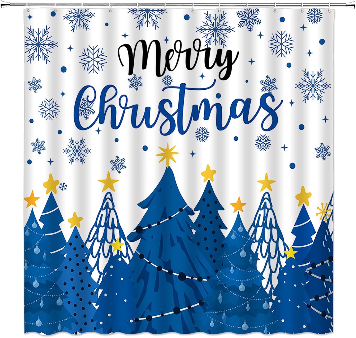 Christmas Shower Curtain Blue Xmas Pine Trees Snowflake