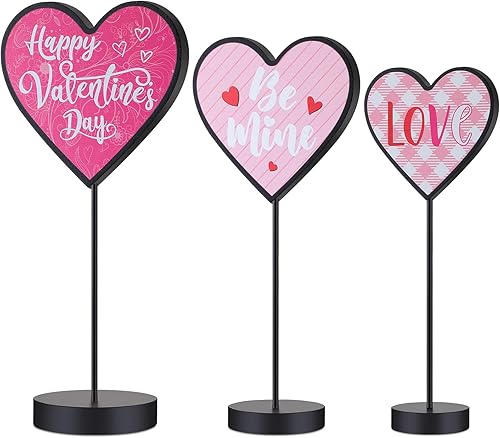 Threan 3 piezas de decoración de mesa de madera en forma de corazón para el día de San Valentín con base adornos de corazón, letreros de madera XOXO