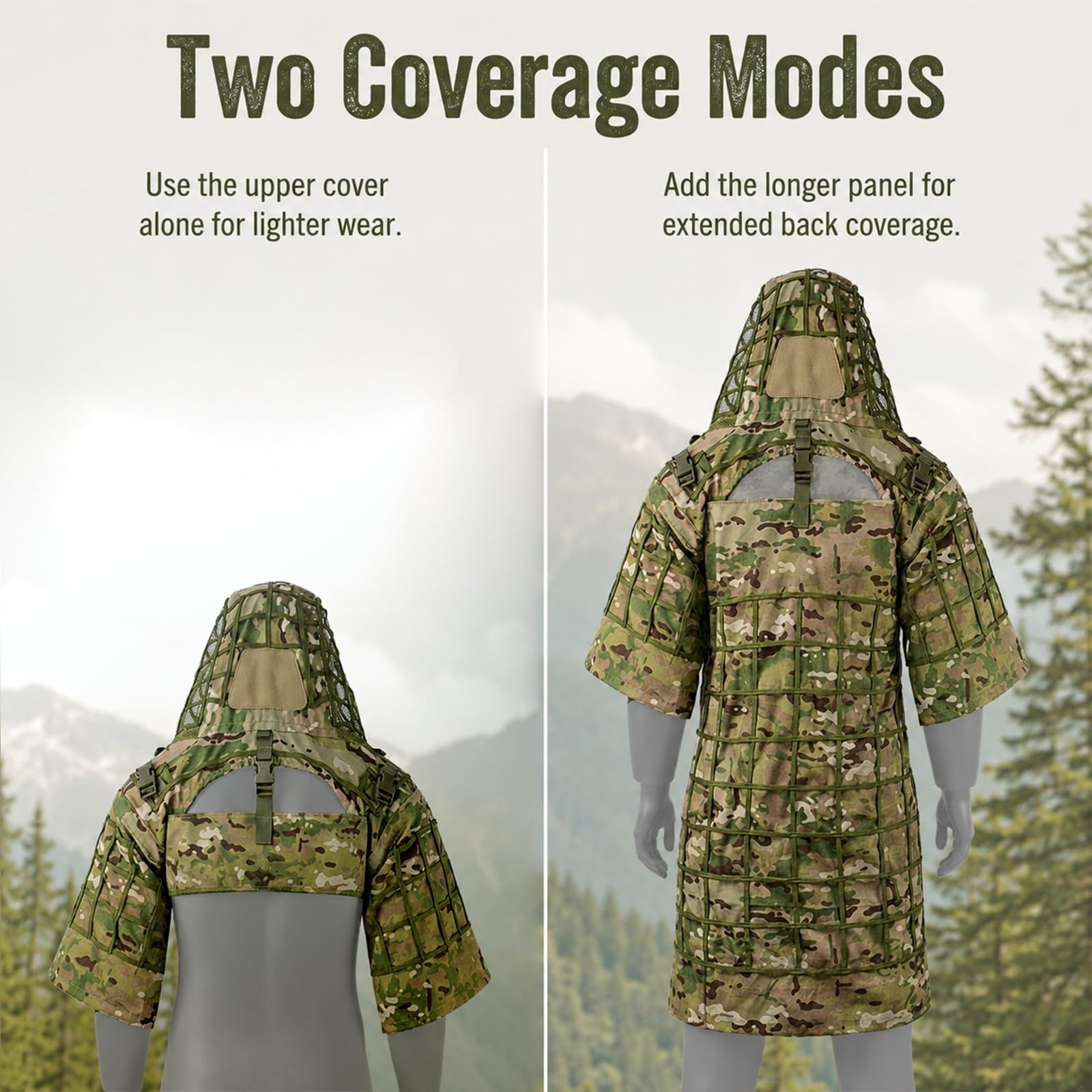 Ghillie Suit Tactical Set con Viper Hood E Mantello Camouflage Traspirante | Giacca Mesh Leggera E Traspirante for Caccia Fotografia Naturalistica Osservazione E Training Outdoor Bosco