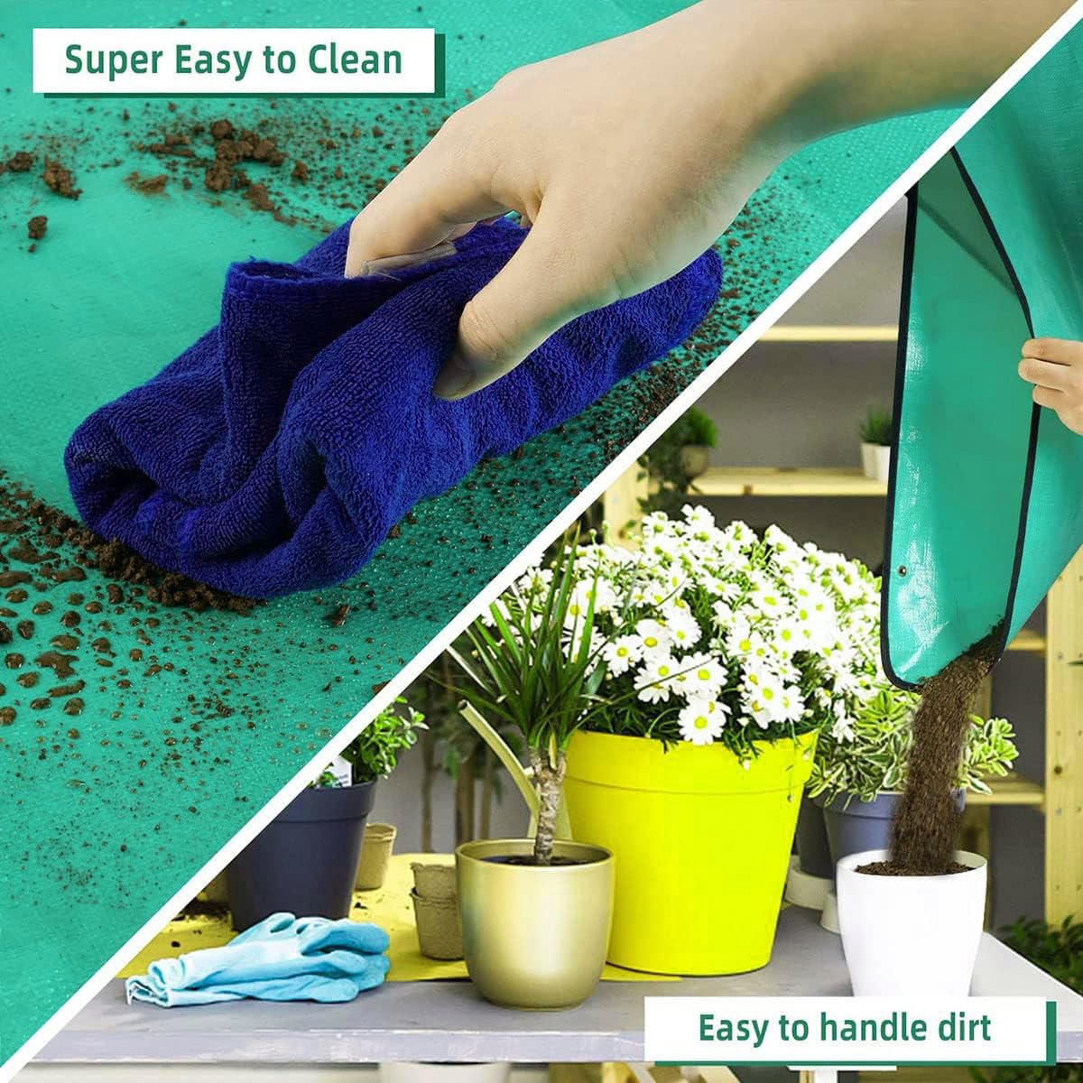 2 Stück 100 x 100cm Pflanzmatte Faltbare mit 1cm x 10m Pflanzenbinder(2 Rolle) für Gartenbaubepflanzung, wasserdichte Gartenmatte, Verstellbare Gartenarbeitsmatte