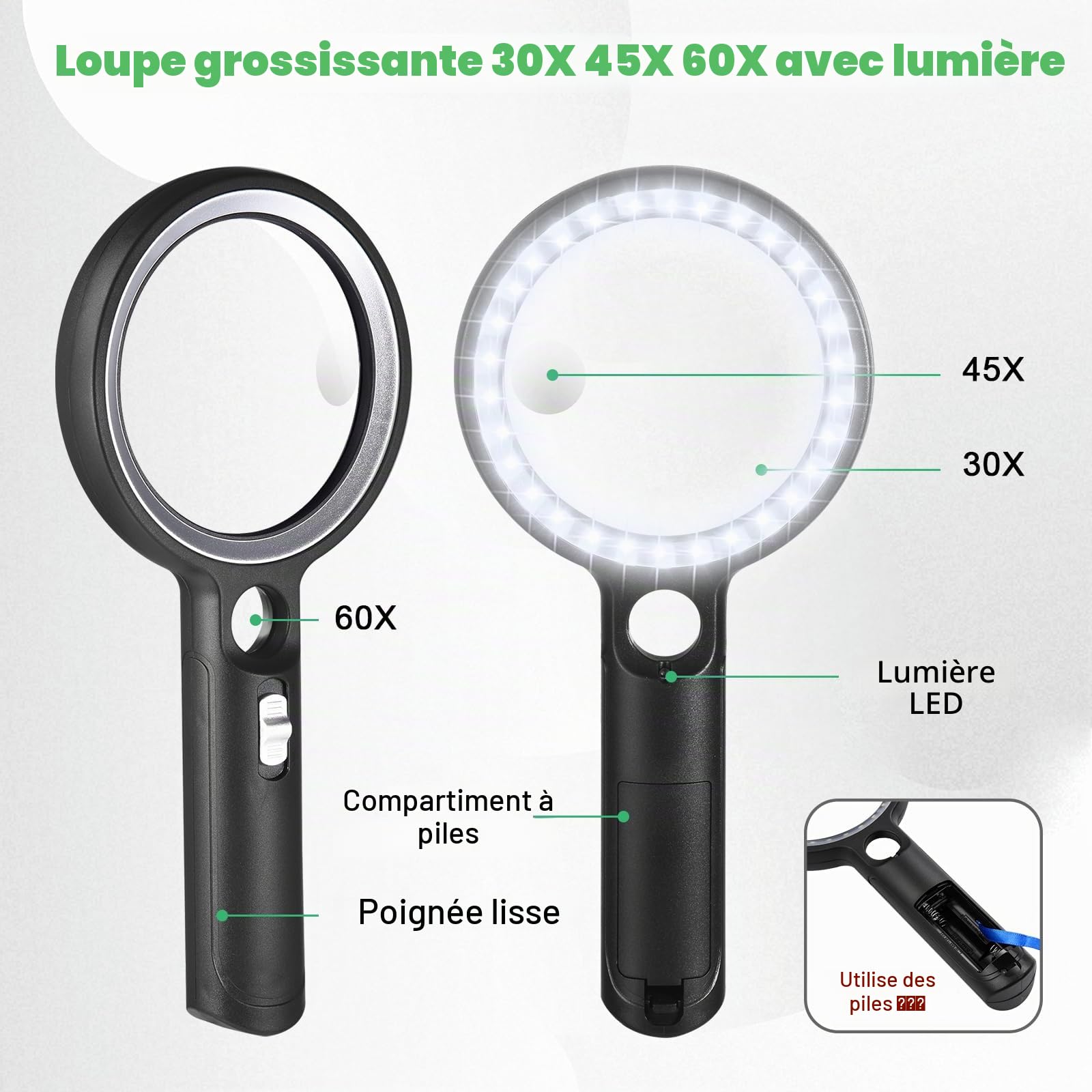 Loupe de Lecture 30X 45X 60X avec 30 Lumières LED, 2 Modes d'Éclairage pour Seniors, Malvoyant