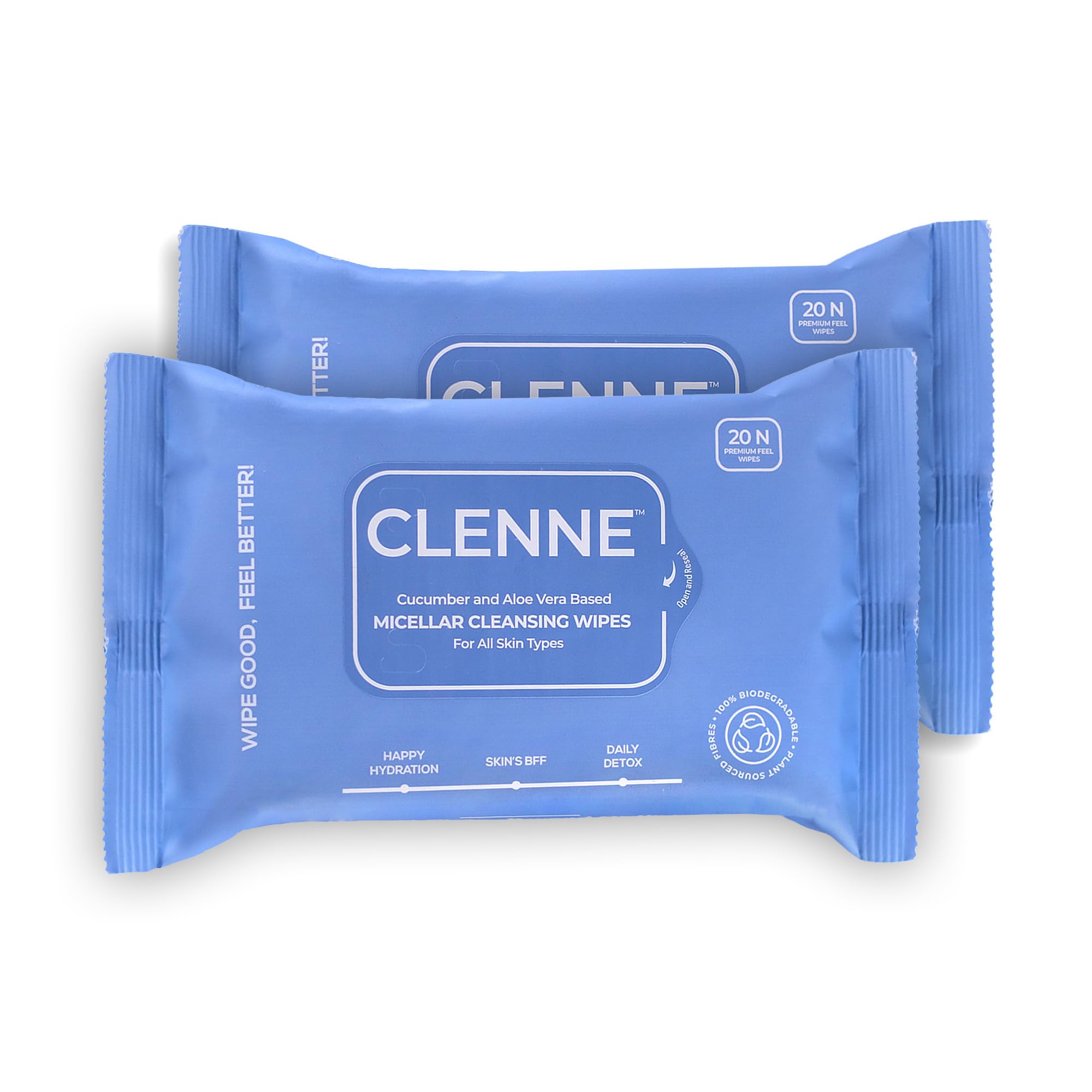 CLENNE Micellar Cleansing Wipes (Pack of 2) | 100% Biodegradable Wipes | Removes Waterproof Makeup, Impurities & Unclogs Pores | Hydrating Refreshing Ultra-Soft Face Wipes with Gentle Cleansing Formula | 40 Count | All Skin Types