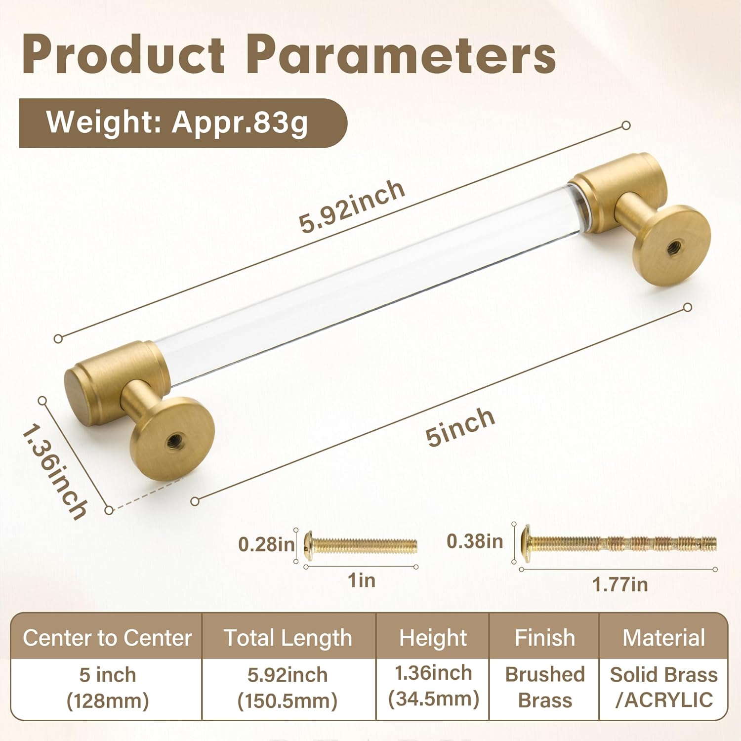 Jovenille-Solid Brass and Acrylic Kitchen Cabinet Pulls 5 Pack,Brushed Gold Modern Dresser Drawer Handles, 5-inch Furniture Pulls for Cupboard Wardrobe Closet Vanity Clear Glass Crystal Pulls