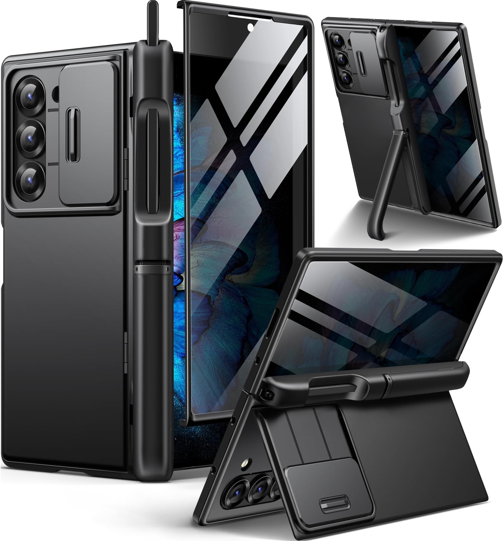 BERFY for Samsung Galaxy Z Fold 6 Case with Privacy Screen Protector, [2 Invisible Kickstand]Built-in S Pen Holder and Slide Camera Cover, [Anti Spy]Full-Body Shockproof Phone Case for Z Fold 6, Black