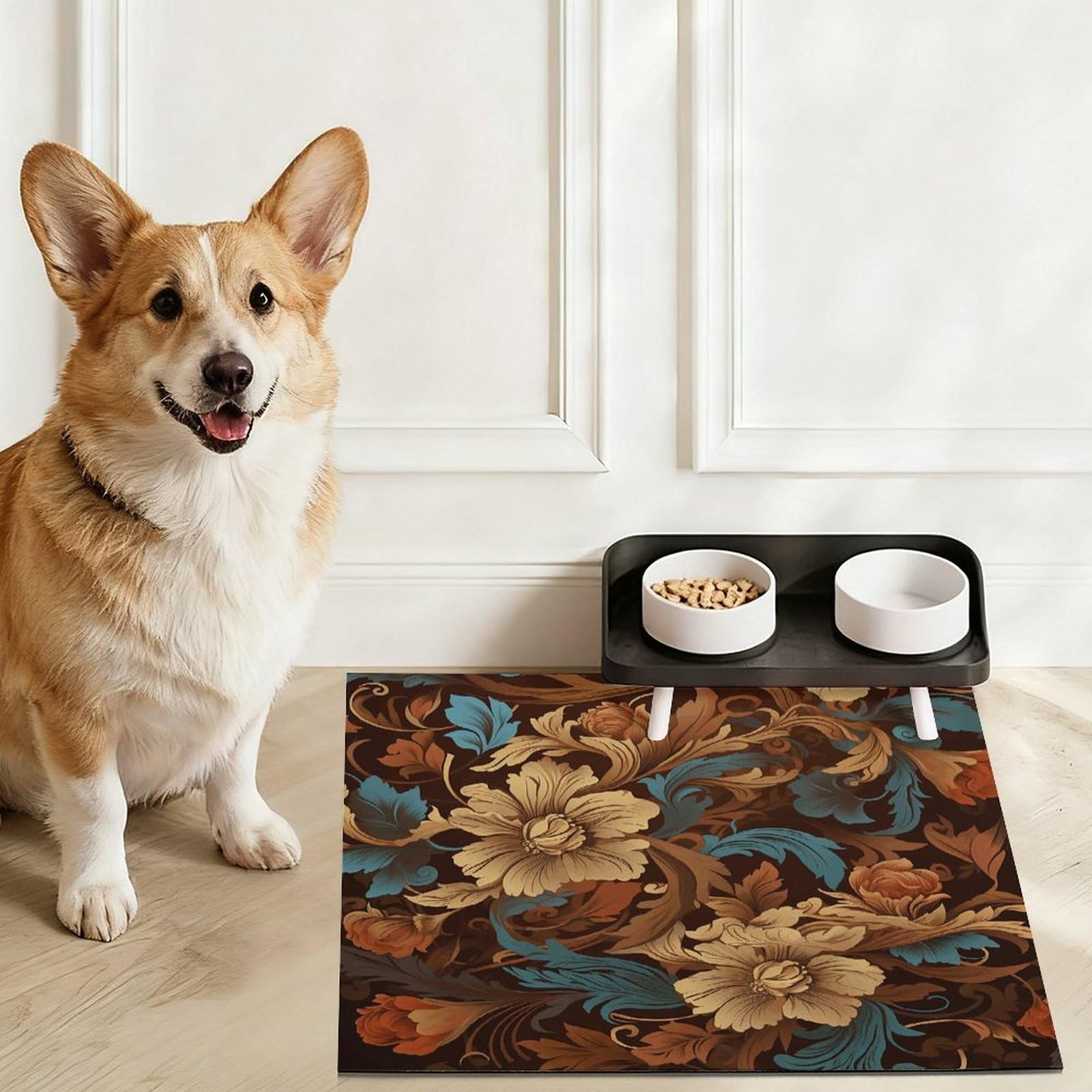 Lot de tapis de nourriture pour chat avec motif floral - Tapis d'alimentation antidérapant pour chien - Facile à nettoyer pour la nourriture et l'eau - 61 x 81,3 cm
