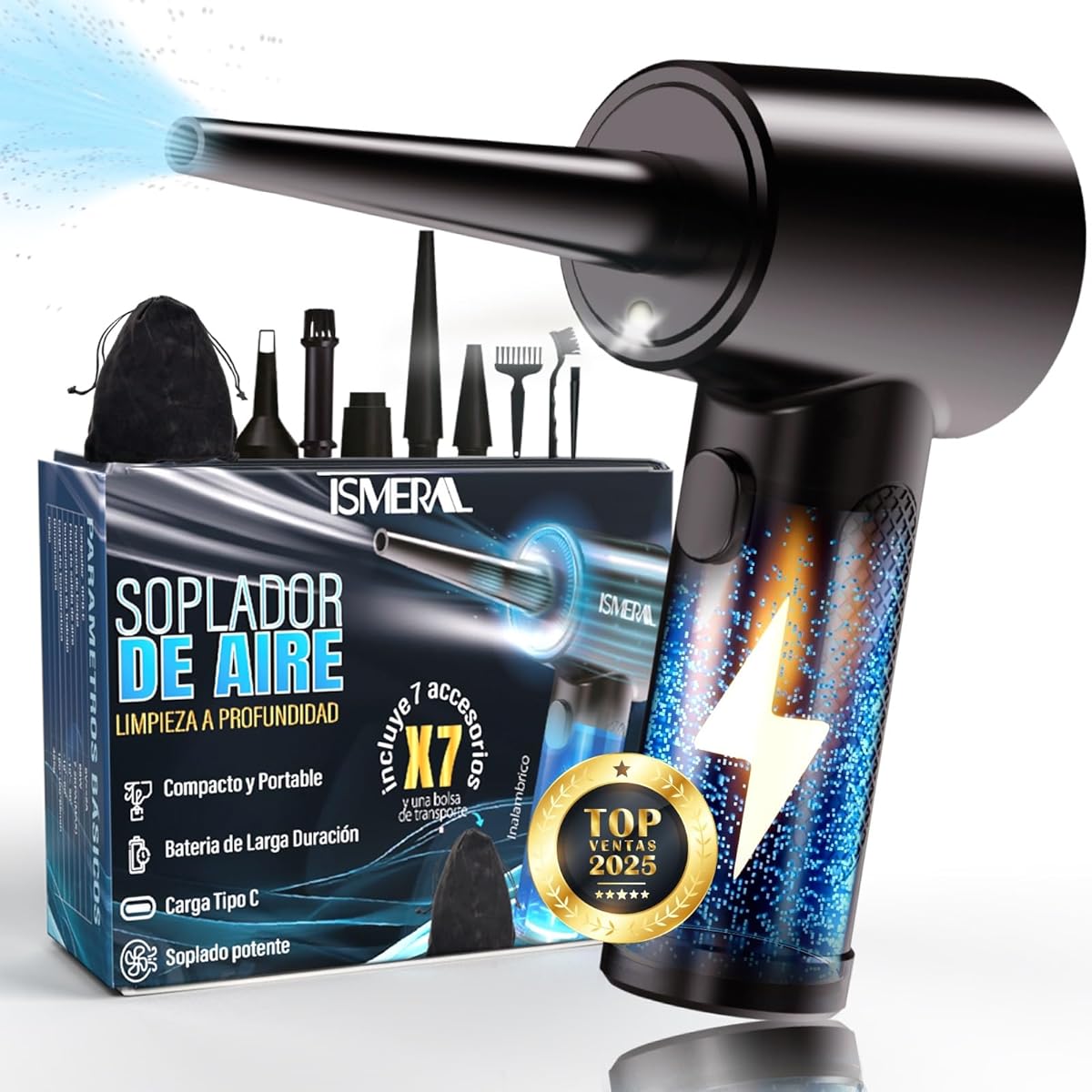 SÚPER Soplador De Aire Potente ISMERAL® + Accesorios | Bateria 6000mAh | 100000RPM | Aire Comprimido Limpieza pc | Soplador de Aire Potente | Soplador de Aire Para PC | Pistola aire comprimido