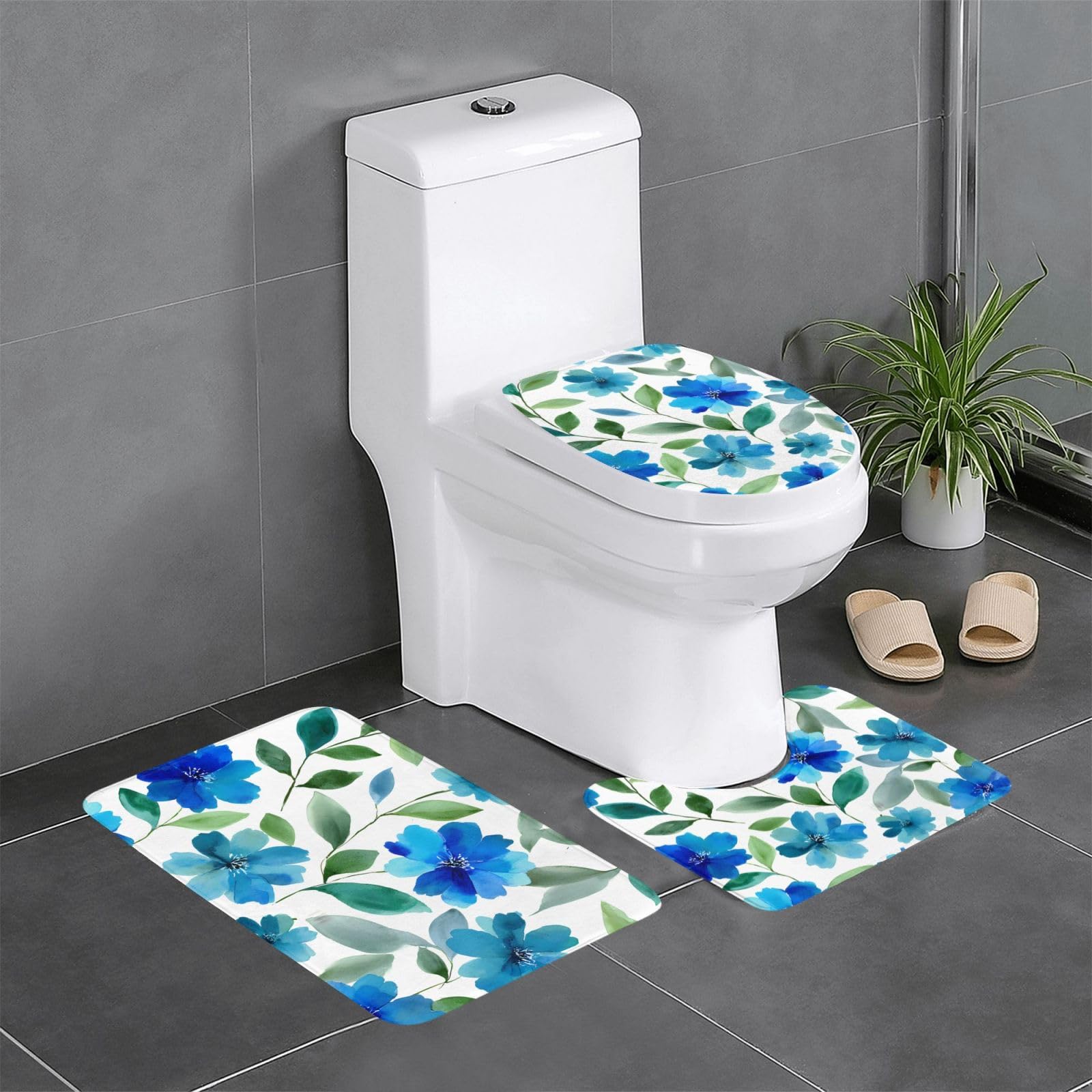 Tapis de salle de bain bleu à motif fleurs lot de 3 avec contour WC