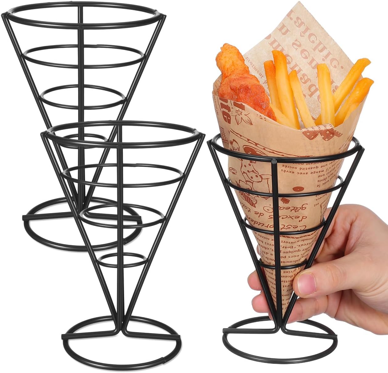 UKCOCO 3-Pack French Fry Cone Holder Stand 5.7", Black Metal Wire Appetizer Serving Baskets for Fish and Chips & Snacks, Restaurant Display Supply