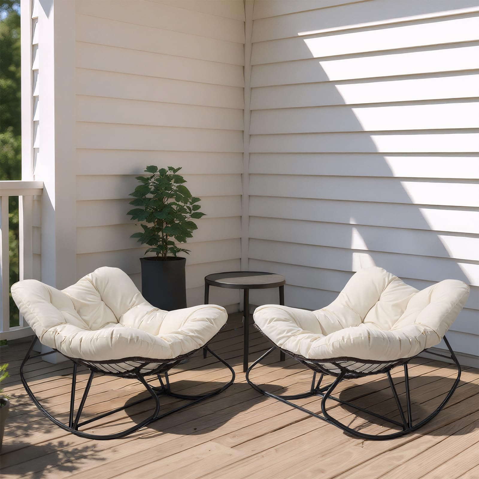 JOYBASE Outdoor Indoor Papasan Rocking Chair Set of 2, Oversized Papasan Rocker with Cushion, Patio Wicker Comfy Egg Chair for Backyard Bedroom Living
