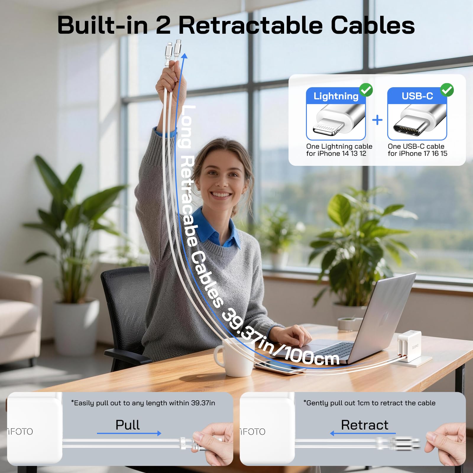 5-in-1 Retractable Wall Charger with Dual Cables, 50W Retractable Phone Charger with 3.3FT USB C & Lightening Cables,30W Fast Charging Block Wall Plug for iPhone 17 16 15 14 13,G-alaxy S26 S25,i Pad — view 2