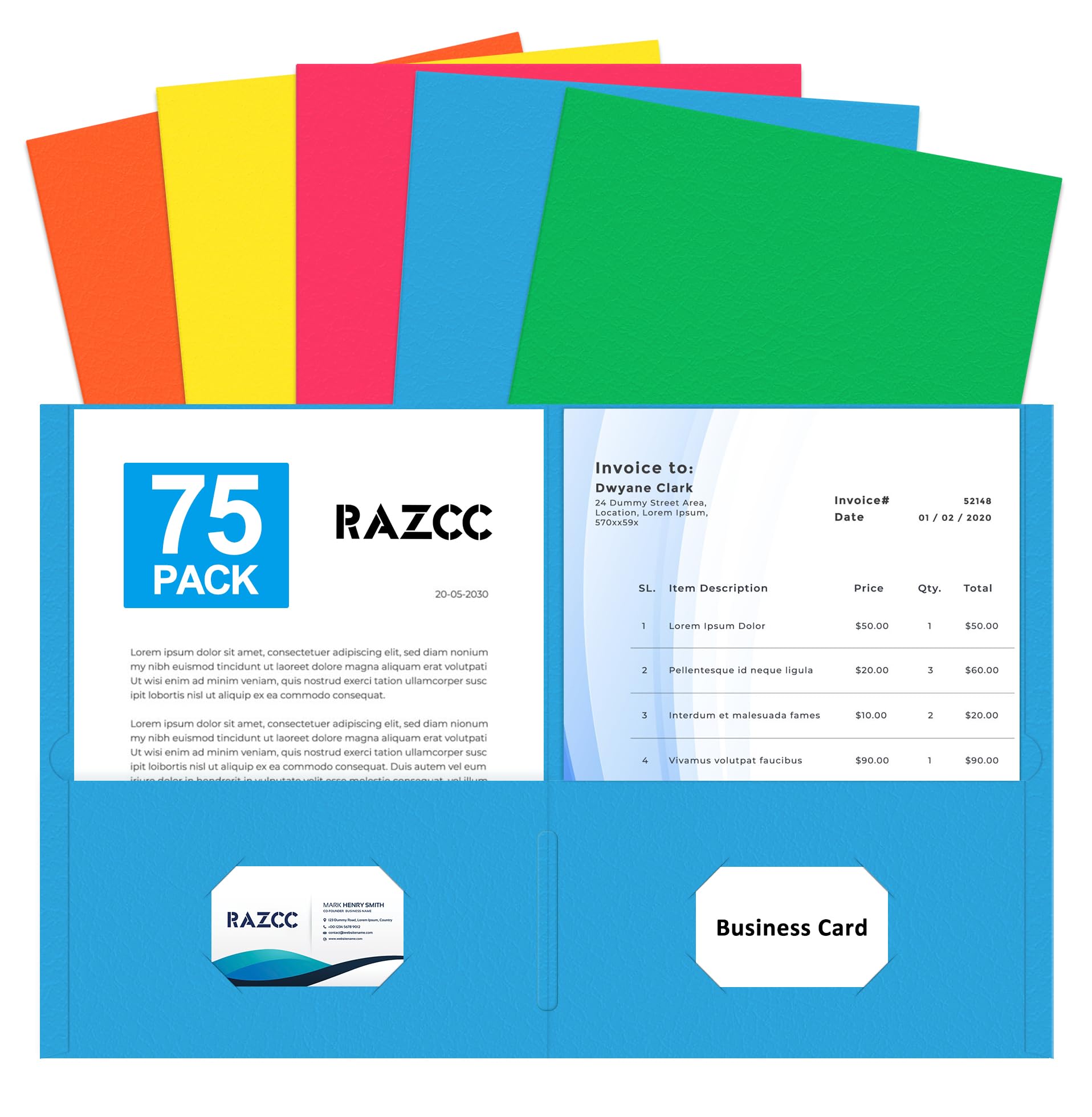 Two Pocket Folders, RAZCC 75 Pack File Folders with Pockets Fit Letter Size Paper, Thick Paper File Folder for School Office Business Home, Assorted 5 Colors