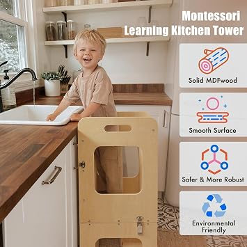 Toddler Standing Tower, Learning Standing Tower 2-in-1 Kitchen Wooden Stool Helper with Chalkboard Montessori and Waldorf Helper for Kids Wooden Step Stool with Desk Table and Chair (Log Color)