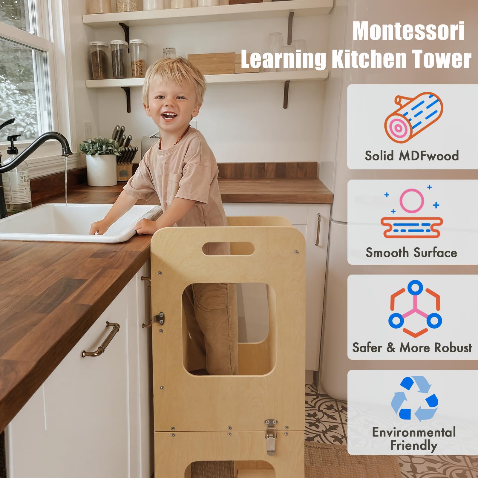 Torre de pie para niños pequeños, torre de aprendizaje 2 en 1, taburete de madera auxiliar con pizarra Montessori y Waldorf ayudante para niños, taburete de madera con mesa de escritorio y silla