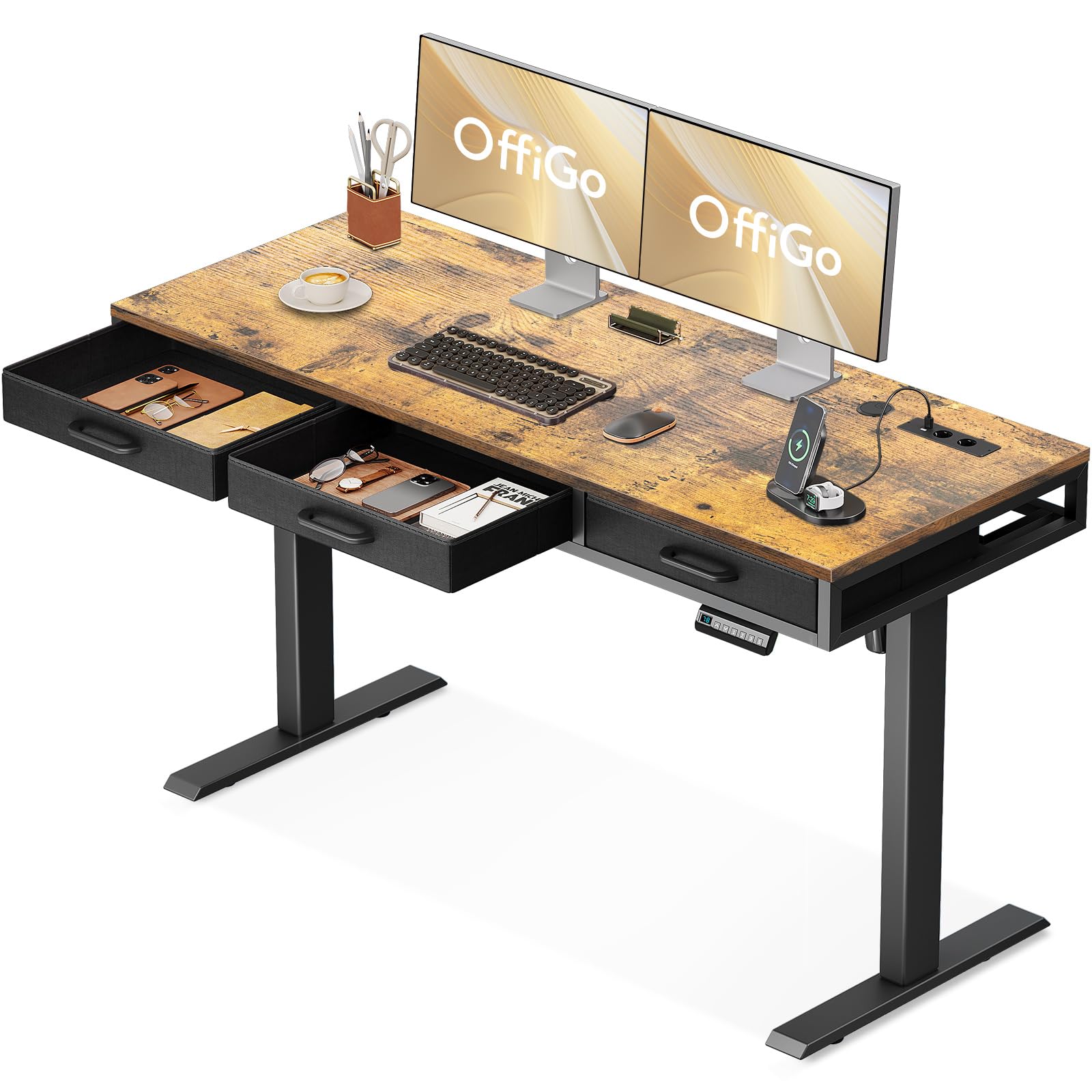 OKD Scrivania Elettrica Regolabile In Altezza 152 Cm Con LED RGB - Con Vassoio Tastiera E Ripiano Per Monitor