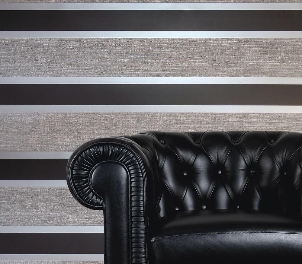 Direct Wallpaper Striped Black Silver Stripes Retro Embossed Metallic Wallpaper