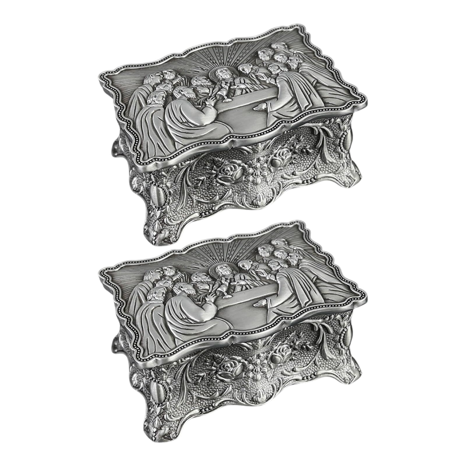 Caja de joyería pequeña de 2 piezas con exquisitas rosas grabadas para exhibir accesorios Cajas de almacenamiento para anillos Pendientes Caja de almacenamiento de aro de metal