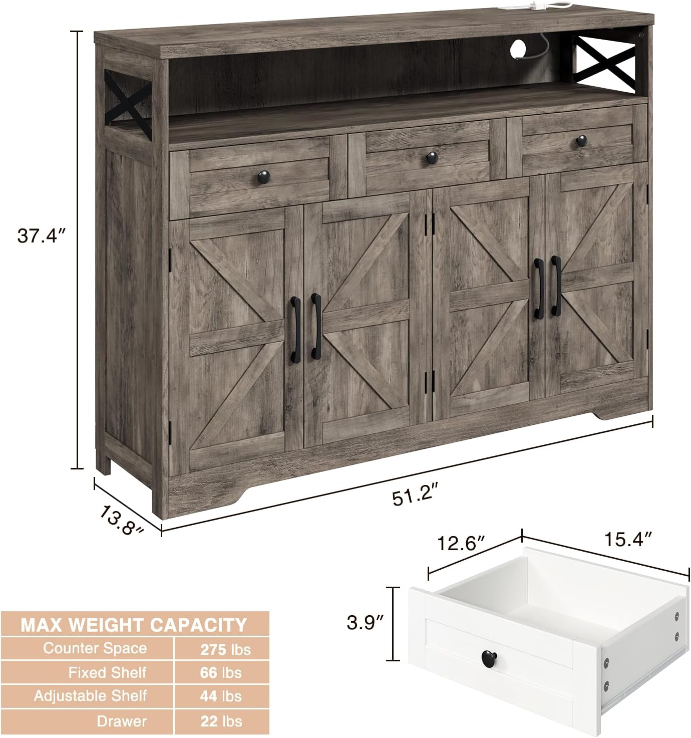 Befrases Farmhouse Buffet Cabinet with Drawers, Sideboard with Storage, Kitchen Pantry Cabinet Hutch, Wood Coffee Bar Station for Kitchen, Livingroom, 52" L Rustic Grey