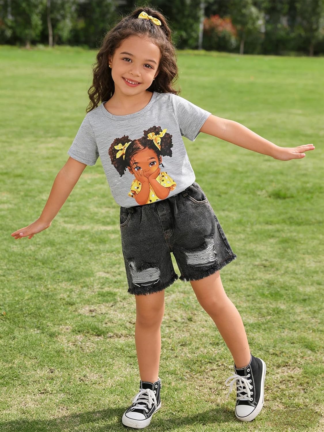 Toddler Girls Summer Clothes Cute Girl Character Print T-Shirt + Washed Ripped Denim Shorts 2 Piece Outfits - Image 2