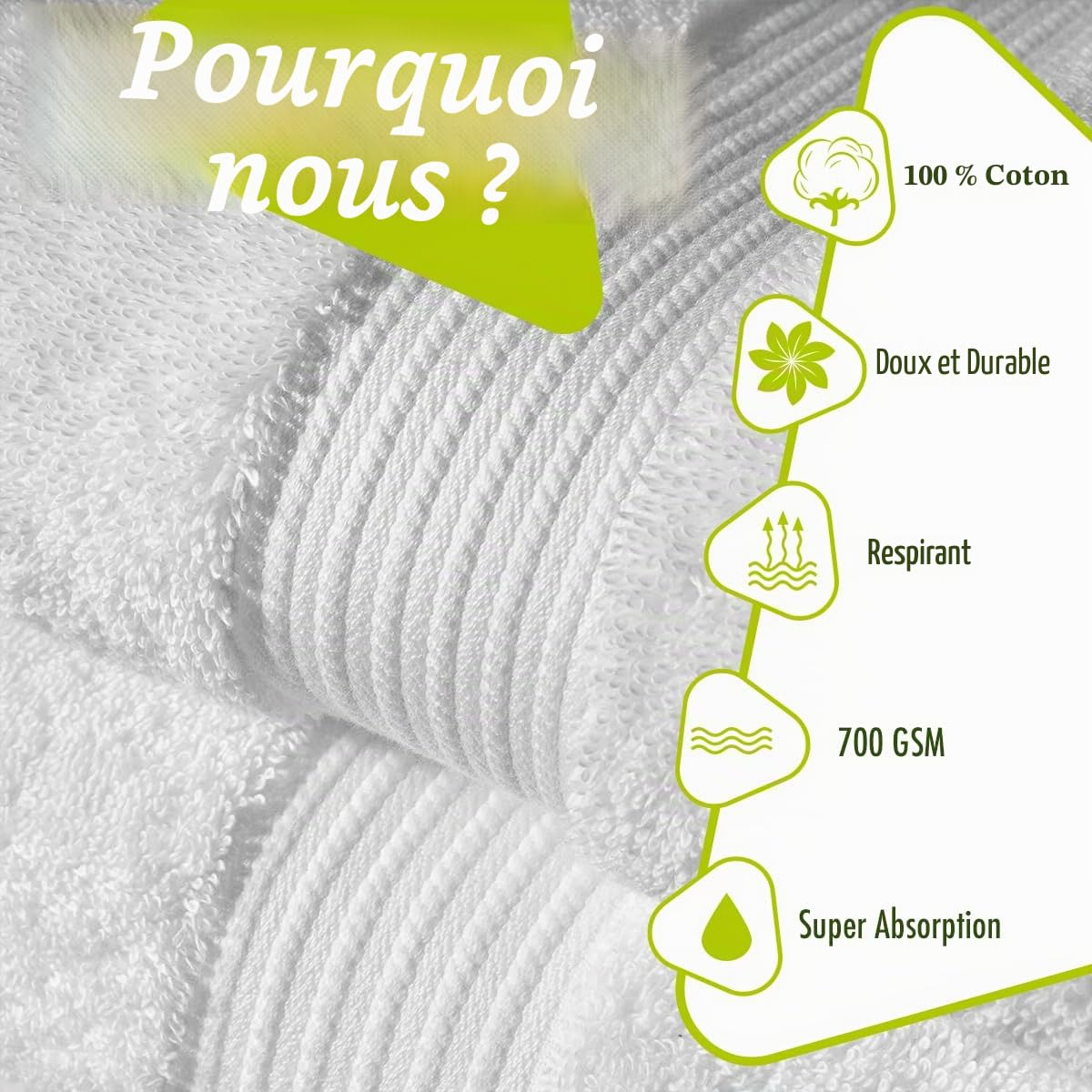 Ensemble de 2 serviettes de bain blanches (51x28 pouces) – Serviettes de bain en coton égyptien super absorbantes 700 g/m² – Serviettes de bain de qualité hôtelière à séchage rapide pour la