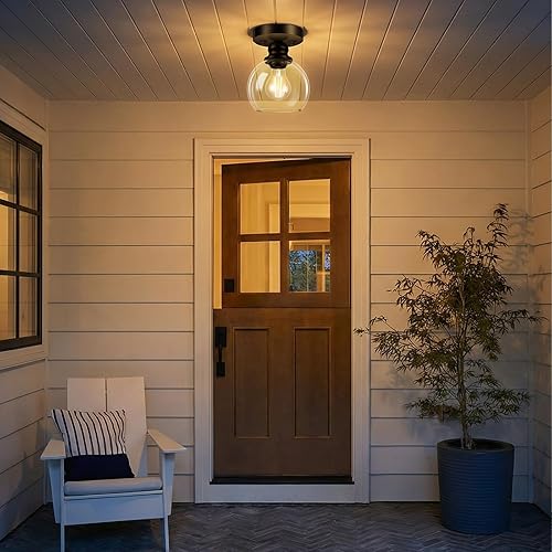 Miniatura 3 de Industrial Semi Flush Mount Ceiling Light, 5.91 Inch Clear Glass Ceiling Lamp Shade, Matte Black Closet Lights, Garage Ceiling Light Fixture for