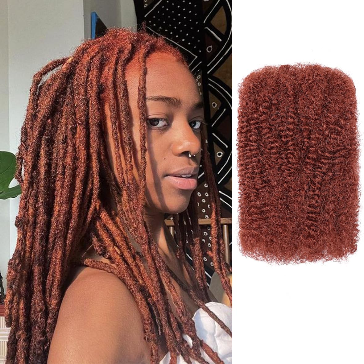 Kackanaa 16 Inch Ginger Afro Kinky Curly Human Hair Bulk for Dreadlock and Marley Twist Mini Repair Locs, Springy Afro - 30g/Pack
