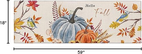 Miniatura 246 de Alfombras y tapetes de cocina Hello Fall, 2 unidades, color azul, naranja, calabaza, hoja de arce, pájaros, alfombras antideslizantes con pasillo