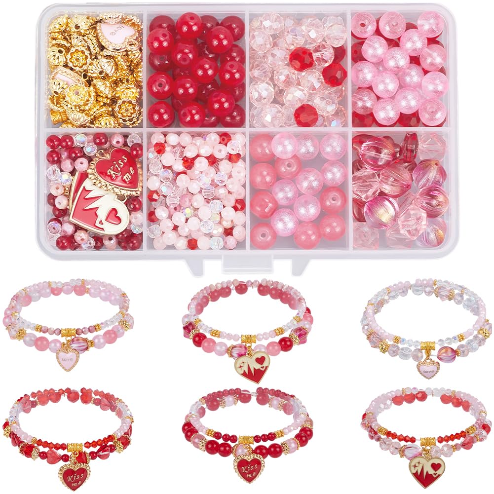 Pulseras multicapa de San Valentín con cuentas de vidrio rosa y rojo