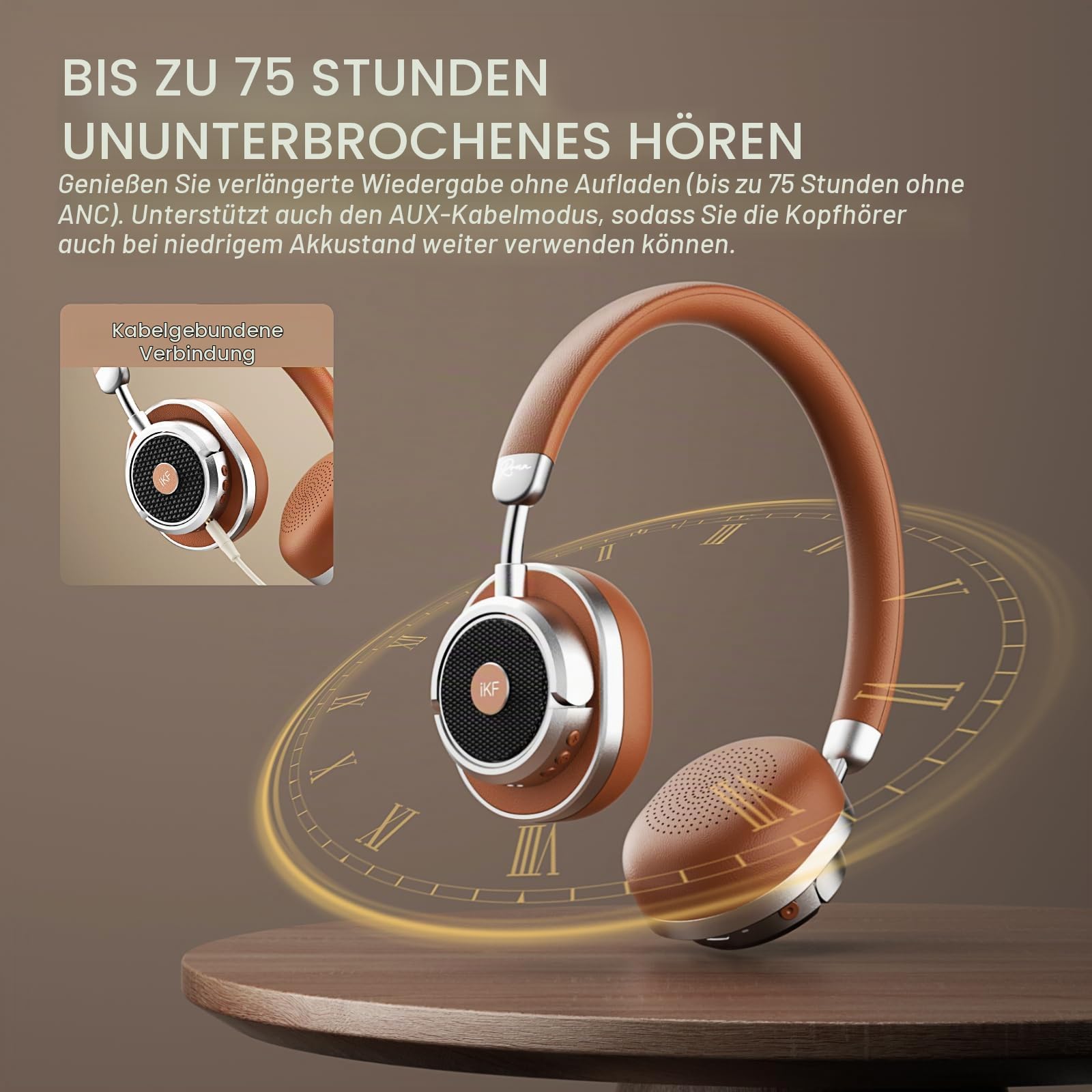 iKF Rona Retro Kopfhörer Bluetooth Mit Adaptive Noise Cancelling, Vintage Kopfhörer Kabellos, Hi-Res Audio, bis zu 75 Stunden Spielzeit, HD-Mikrofon, Transparenz Modus,Custom EQ über App(Braun)