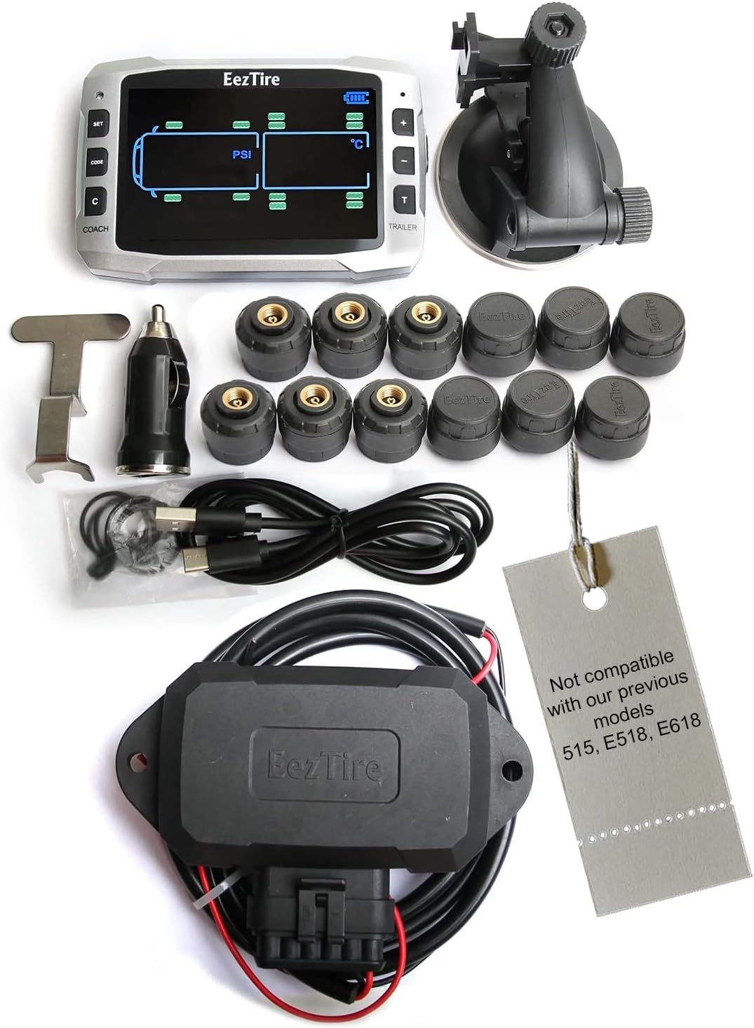 EEZTire-TPMS Pro (518C) Tire pressure and temperature monitoring system. 3.5" Color Display + 10 AT Sensors + Booster. Not Compatible with our previous models T515, E518, E618 Systems.