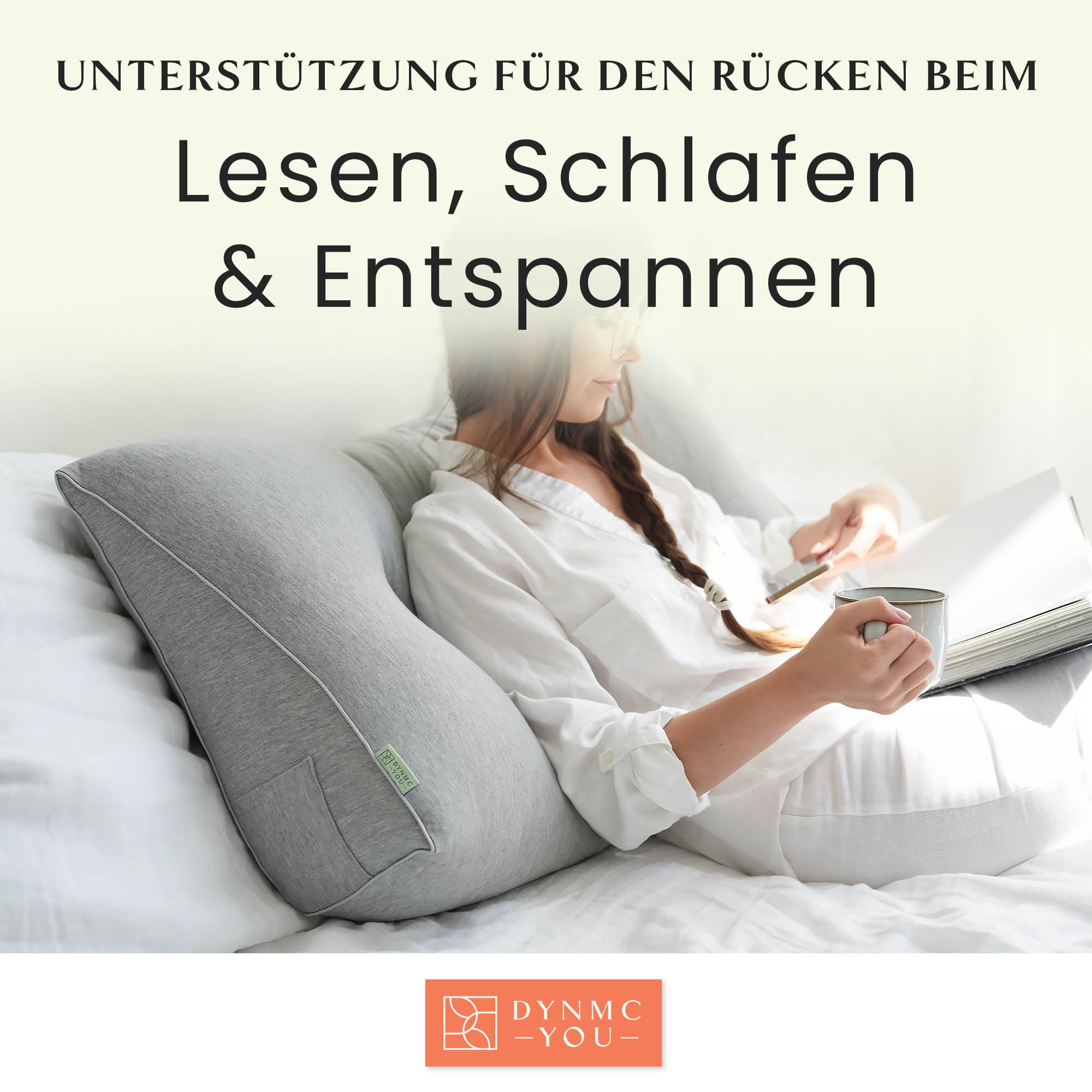 DYNMC You Bequemes Rückenkissen Baumwoll-Optik 90cm, Oeko-TEX, Modernes Keilkissen Bett, Mittelharter Polsterung - Perfekt als Lesekissen, Wandkissen, Rückenlehne - Premium Bett Kopfteil
